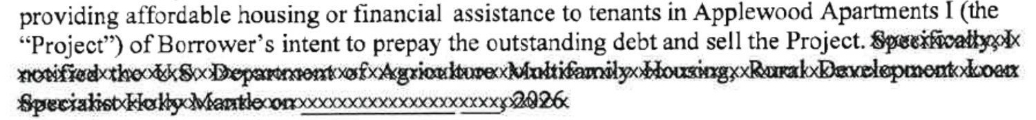 Scan showing a sentence struck through with rows of x characters. Beneath the strike-through it reads: Specifically, I notified the U.S. Department of Agriculture Multifamily Housing Rural Development Loan Specialist Holly Mantle on blank 2026.