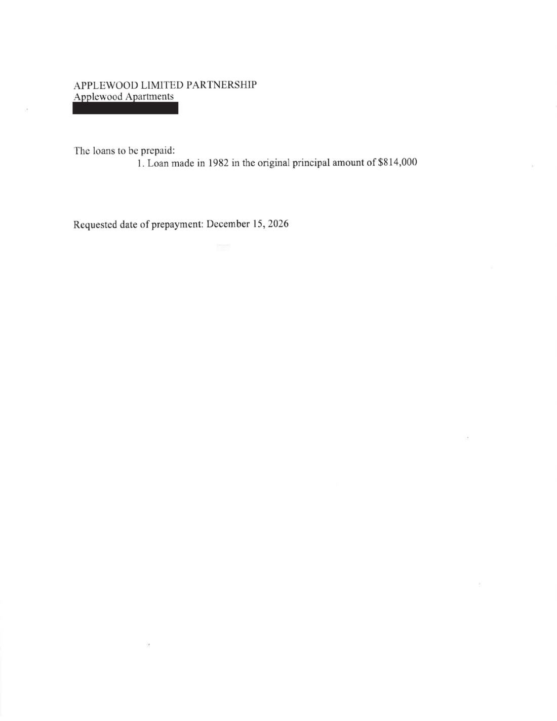 Page 1 of the owner's prepayment application.